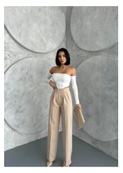 Zeo Basic Women's High Waist Velcro Closure Palazzo Pants