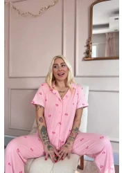 Pijamaevi Pink B Patterned Bamboo Front Buttoned Short Sleeve Pajama Set