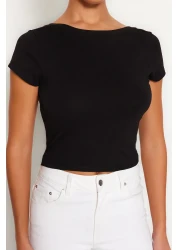  Collection بلوزة سوداء محبوكة قابلة للتمدد من القطن بدون ظهر TWOSS23BZ00912