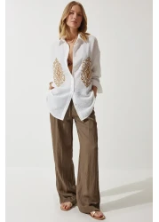 Happiness İstanbul قميص نسائي من القطن الكتاني المطرز باللون الأبيض DM00134