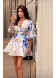 Butik Şenel Mini Printed Brit Buttoned Linen Dress