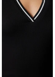  Collection Stretchy Corded Black Knitted Blouse - Knitwear Collar Detail, Fitted TWOAW25BZ00121