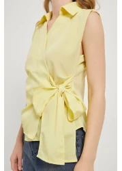 Arma Life Women's Side Tie Sleeveless Double Breasted Collar Yellow Blouse