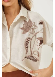 Bianco Lucci قميص Aerobin كبير الحجم من الكتان المطرز بحجر الخرز للنساء 60283026