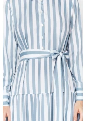  Modest Blue Shirt Dress with Gradient Stripes and Belted - Tctss24Eb00150