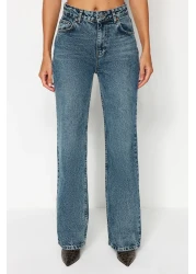  Collection جينز أزرق عتيق ذو تأثير شاحب عالي الخصر وواسع الساق TWOAW24JE00089