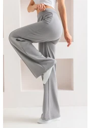 CNRCollection بنطال ضيق مضلع عالي الخصر باللون الرمادي - قماش مودال، بنطال واسع الساق