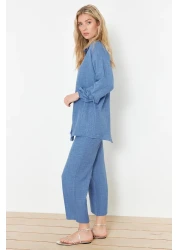  Modest طقم علوي منسوج من الكتان باللون النيلي TCTSS24US00062