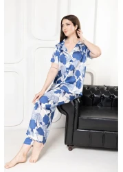 mervemoda Women's Silk Satin Thin Summer Front Button Pajamas Set