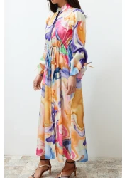  Modest Multi-Colored Magnifying Collar Drawstring Gather Detailed Abstract Woven Dress TCTSS24EB00103