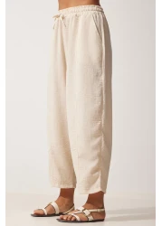 Happiness İstanbul طقم بنطلون شالوار قميص كتان كريمي نسائي DZ00080