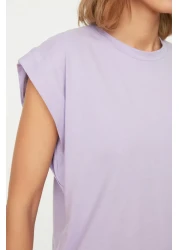  Collection تي شيرت منسوج أساسي برقبة دائرية ومظهر حشو قطن 100% أرجواني TWOSS20TS0021