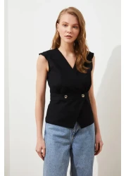  Collection بلوزة منسوجة مزدوجة الصدر بأزرار على شكل عظمة سوداء TWOSS20BZ0707