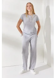 Olalook Women's Gray Side Gathered Blouse Palazzo Trousers Set TKM-19000196