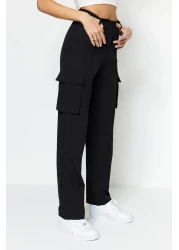  Collection Black Cargo Straight Cut Woven Double Pocket Woven Trousers TWOAW22PL0343