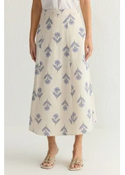  Collection Blue Floral Print Linen Blended A-Line Midi Skirt - Twoss24Et00105