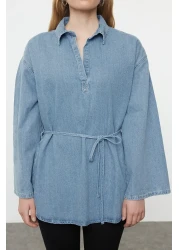  Collection Oversize Blue Denim Shirt - Tie-Up, TWOAW25GO00082