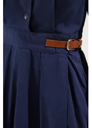  Collection فستان منسوج متوسط ​​الطول مبطن بالبوبلين باللون الأزرق الداكن مع بطانة وحزام TWOSS25EL00060