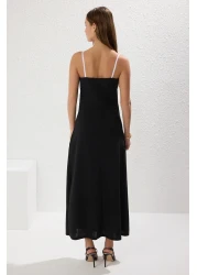  Collection Black Color Block Accessory Detailed Maxi Crepe Knitted Dress Twoss25El00362