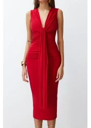  Collection Stylish Red Draped Knitted Evening Dress - Fitting on the Body, TPRSS24EL00161