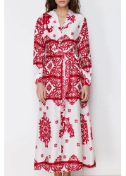  Modest فستان سهرة منقوش من الساتان المنسوج باللون الفوشيا TCTSS24EB00039