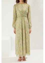  Modest فستان أخضر مزدوج الصدر مع ربطة عنق من الشيفون وبطانة منسوجة من الزهور TCTSS25EB00072