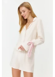  Collection Ecru Laced/Ribbon/Bow and Ribbed Viscose Shorts Woven Pajama Suit Thmss24Pt00047