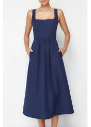  Collection Indigo Waist Midi Corset Woven Dress with Sewing Detail TWOSS24EL00038