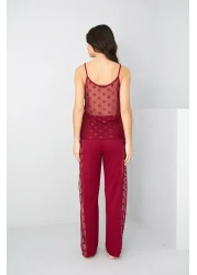 Siyah İnci طقم بيجامة فيسكوز بتفاصيل حبل عنابي اللون من التول 7769