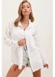 Bigdart 20153 Single Pocket Oversize Linen Shirt - White