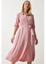 Happiness İstanbul Women's Candy Pink Belted Shirt Dress DD01256