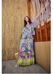 LOCCO فستان نسائي بنمط نباتي تجريدي وردي-بنفسجي