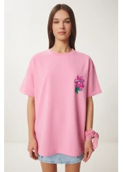 Happiness İstanbul Women's Pink Flower Printed Oversize Knitted T-Shirt Zv00282