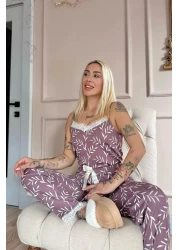 Pijamaevi طقم بيجامة نسائي محبوك بحزام حبل من الدانتيل باللون الأرجواني