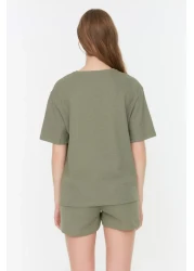  Collection Khaki Waffle Fabric Knitted Pajamas with Shorts Thmss22Pt0524