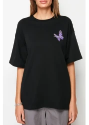  Collection Black 100% Cotton Front and Back Butterfly Printed Oversize/Wide Pattern Knitted T-Shirt TWOSS23TS00188