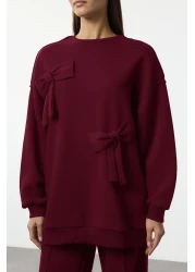  Modest Burgundy Ribbon Detailed Oversize Tracksuit Set Tctaw25Us00119