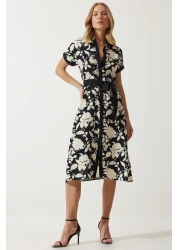Happiness İstanbul Black Cream Floral Pattern Thin Viscose Summer Dress - DD01311