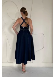 Elbee Fashion Woman Blue Midi Denim Dress - Banded