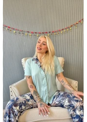 Pijamaevi Mint Florado Exclusive Front Buttoned Short Sleeve Women's Pajamas Set