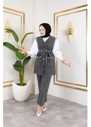 HARMAN BUTİK Women's Beaded Buckle Vest-Pants 2-Piece Set