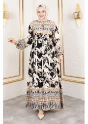 Tesettür Dünyası Beige Greenhouse Patterned Viscose Dress Tsd 250138