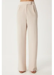 Happiness İstanbul بنطلون نسائي منسوج مريح بخصر كريمي وفيلكرو RV00150