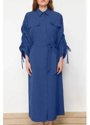  Modest Saks Cotton Shirt Dress with Adjustable Sleeves and Belted - TCTSS23EB00365