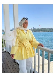Aselim Hijap Moda Poplin Kimono -Scuba Pants Shirt Suit Yellow