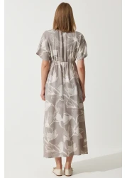 Happiness İstanbul فستان نسائي صيفي من الكتان الخام بنمط استوائي حجري BP00156