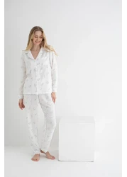 DOFİ طقم بيجامة نسائي من Dofi باللون الأبيض بأكمام طويلة وأزرار من قماش Aerobin