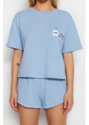  Collection Blue Cotton Ruffle Printed Shorts Knitted Pajamas Set Thmss22Pt0422