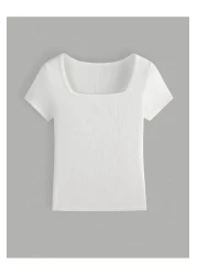 Wearflawless Square Neck Short Sleeve Cotton Twill White Blouse