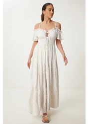 Lovelyİstanbul Patterned Strappy Ruffled Long Summer Viscose Dress Ecru Murdum Lub0112